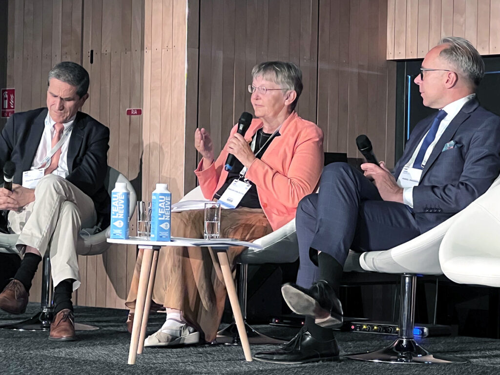 three person at a discussion panel (Philippe Amouyel, JPND, Marlies Dorlöchter, ERA-Net NEURON, and Pawel Swieboda, HBP)