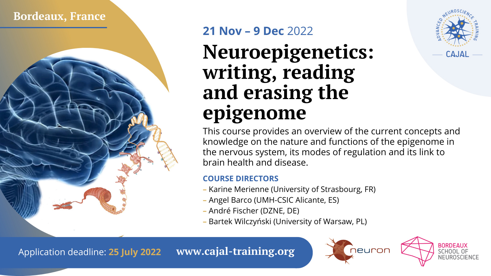 Flyer text: 21 Nov - 9 Dec 2022; Neuroepigenetics: writing, reading and erasing the epigenome