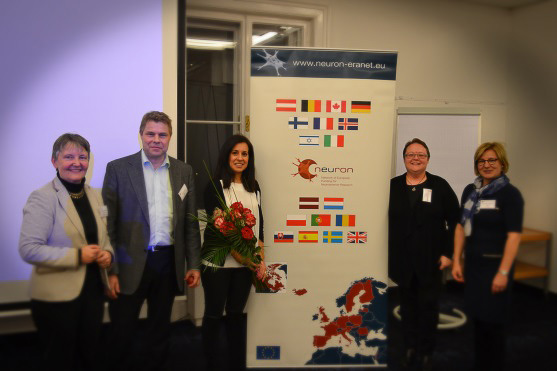 From left: NEURON coordinator Dr. Marlies Dorlöchter (DLR-PT, Germany), Dr. Erkki Raulo (AKA, Finland), awardee Dr. Anai Gonzalez Cordero ( London, UK), Dr. Anne-Cécile Desfaits (FRQS, Canada), and Dr. Hannele Lahtinen (AKA, Finland)